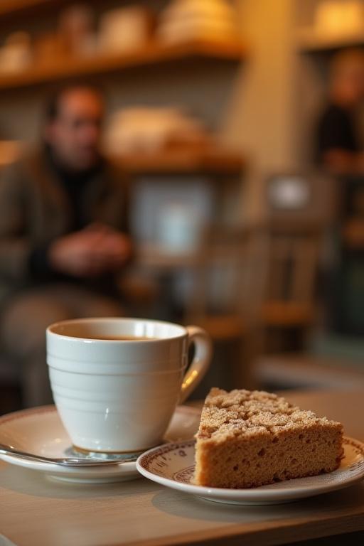 En kopp kaffe servert ved siden av et kakestykke inne i bakeriet.
