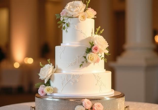 En elegant, spesialdesignet bryllupskake med blomsterdekor.